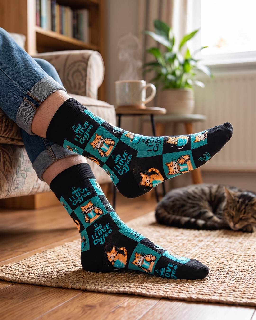 I Love Coffee Socks Coffee & Cat Morning Ritual Series